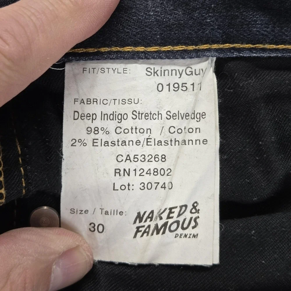 Naked &‎ Famous Jeans Mens 30x37 Blue Selvedge Skinny Guy Stretch Button Fly